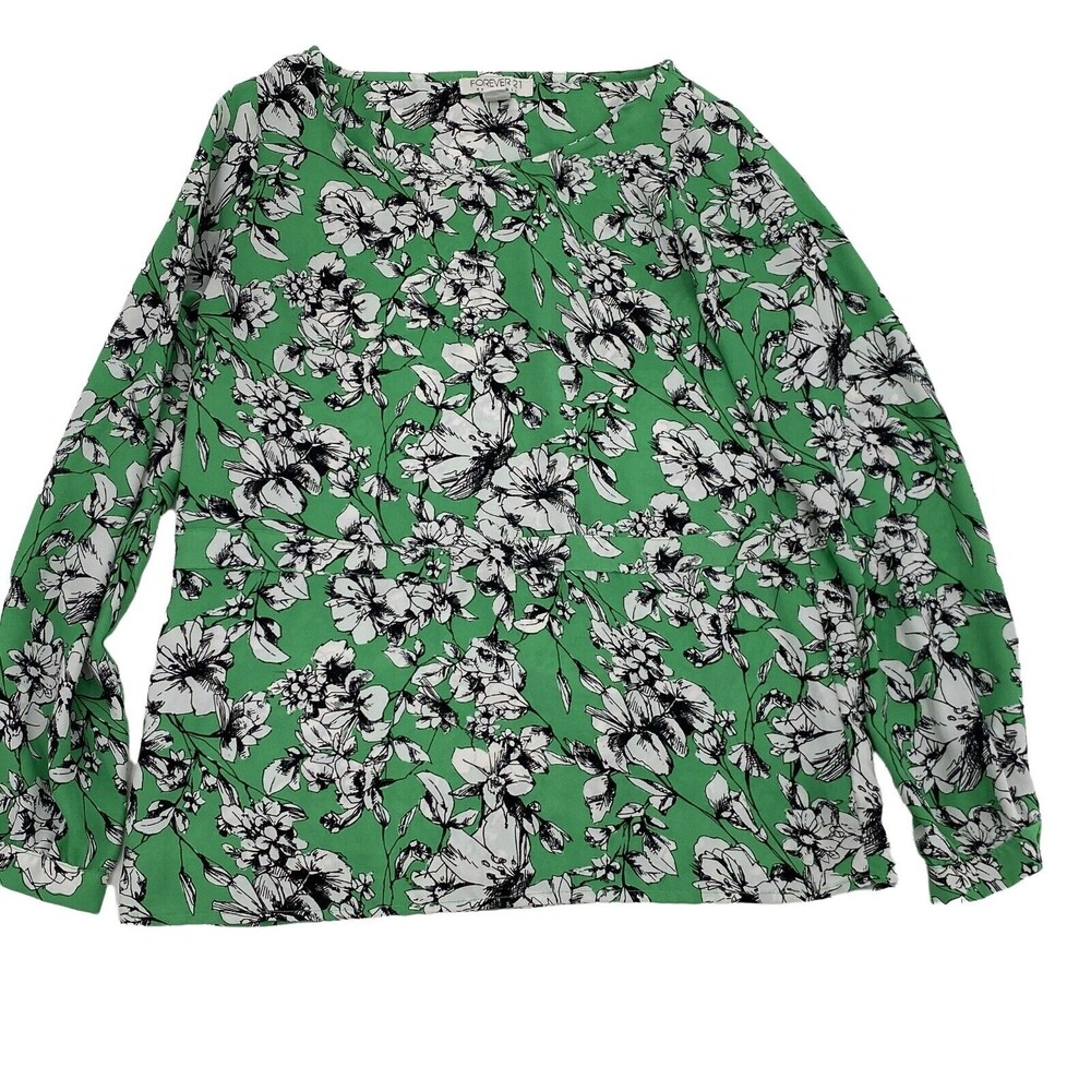 Forever 21 Womens Green Floral Long Sleeve Round Neck Casual Blouse Top Size XS